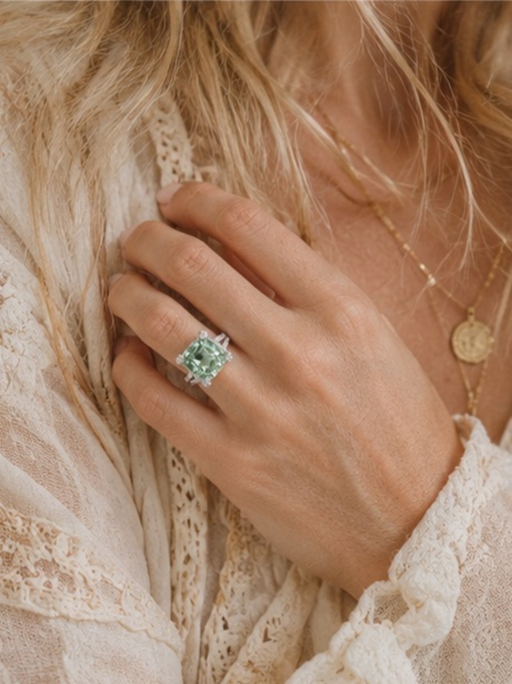 Pale Green Cushion Cut Halo Ring Size 8